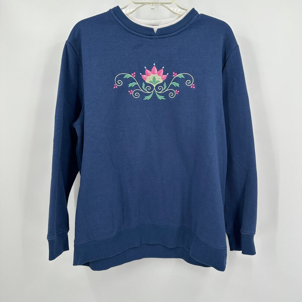 Pembrook Womens Embroidered Sweatshirt M Grandma Floral‎ Navy Blue Pullover